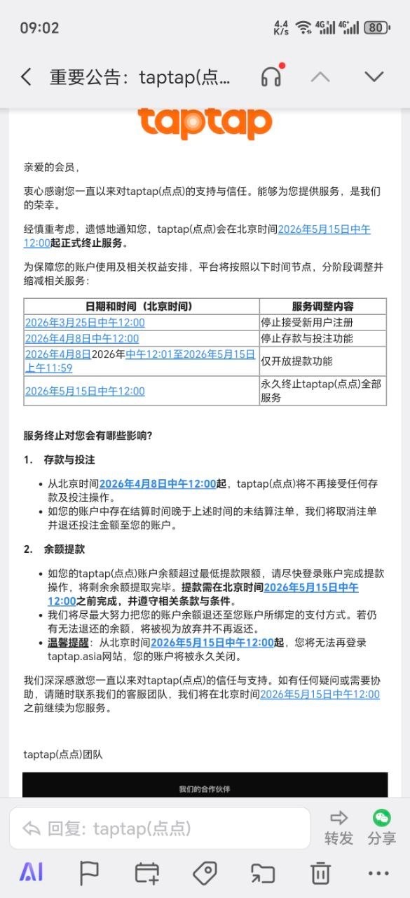 taptap(点点平台)即将关闭